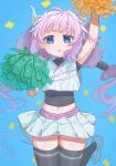  1girl absurdres arm_up beads black_thighhighs blue_background blue_eyes blunt_bangs cheerleader commentary_request confetti dragon_girl dragon_horns hair_beads hair_ornament highres horns jumping kanna_kamui kobayashi-san_chi_no_maidragon low_twintails navel open_mouth pleated_skirt pom_pom_(cheerleading) purple_hair rikimarusama0 skindentation skirt solo sphere_hair_ornament sweat thighhighs thighs twintails zettai_ryouiki 
