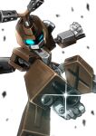  clenched_hand commentary_request glint half-closed_eye highres madarame mecha mecha_focus medarot metabee no_humans outstretched_arm robot simple_background solo white_background 