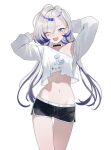  1girl absurdres armpits arms_behind_head arms_up black_choker black_shorts blue_eyes blue_hair choker clothes_writing commentary cowboy_shot crop_top crop_top_overhang dolphin_shorts eyes_visible_through_hair grey_hair hair_over_one_eye hebi_(vtuber) highres indie_virtual_youtuber long_hair long_sleeves looking_at_viewer low_twintails midriff multicolored_hair navel nbee_ya one_eye_closed shirt short_shorts shorts simple_background single_bare_shoulder single_off_shoulder solo stomach streaked_hair thigh_gap thighs twintails two-tone_hair untranslatable_commentary very_long_hair virtual_youtuber white_background white_shirt 