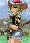  1girl absurdres arm_tattoo black_shirt blonde_hair blue_overalls blue_sky blush bow braid commentary_request cowboy_hat day denim denim_overalls eyelashes freckles gloves grass hair_bow hat highres holding kitt_(pokemon) long_hair open_mouth outdoors overall_shorts overalls pokemon pokemon_(creature) pokemon_champions rara_(user_hmrm3822) red_bow red_hat shirt sky smile tattoo tauros white_gloves 