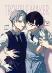 2boys absurdres alien_stage apron arm_around_another's_back black_eyes black_hair black_necktie black_vest blue_apron chinese_commentary closed_mouth collared_shirt commentary_request cx6lc0 earrings english_text fang fang_out glasses gloves green_eyes grey_hair heart highres holding_another's_wrist ivan_(alien_stage) jewelry male_focus multiple_boys necktie official_alternate_costume open_mouth red_pupils shirt short_hair spoken_heart spoken_sweatdrop sweatdrop till_(alien_stage) very_short_hair vest white_gloves white_shirt yaoi 
