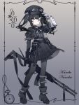  1girl ammunition_pouch arm_belt artist_request asymmetrical_gloves bandaged_arm bandaged_hand bandages black_choker black_coat black_dress black_gloves black_hair black_hat black_pantyhose black_ribbon black_shoes character_name choker coat collared_dress commentary dress gloves goggles goggles_on_headwear gradient_background grey_background grey_eyes gun hair_ornament hand_on_headwear hat highres holding holding_gun holding_weapon kurobe_nanoka leg_belt long_hair looking_at_viewer neck_ribbon pantyhose plaid_clothes plaid_dress pouch ribbon rifle shoes solo twintails untranslatable_commentary watermark weapon 