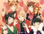  5boys :o :q animal_ears animal_hands antlers black_hair blonde_hair bow bowtie brown_eyes brown_hair commentary deer_ears fork formal_clothes gloves hand_puppet hands_on_own_cheeks hands_on_own_face highres horns korean_text looking_at_viewer luminous_slime multiple_boys original paw_gloves polka_dot puppet sheep_horns smile stuffed_animal stuffed_rabbit stuffed_toy suit tiger_ears tongue tongue_out translated v 