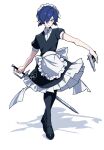  1boy alternate_hairstyle apron asymmetrical_dual_wielding black_pantyhose black_shoes blue_hair collared_shirt crossdressing crossdressing_(mtf) crossed_legs dress dual_wielding enmaided evoker frilled_dress frills full_body grey_eyes gun hair_over_one_eye highres holding holding_gun holding_sword holding_weapon looking_to_the_side low_twintails maid maid_apron male_focus male_maid multiple_weapons nodoka906 one_eye_covered outstretched_arm pantyhose parted_bangs persona persona_3 shirt shoes short_hair short_sleeves sideways_glance solo standing sword twintails watson_cross weapon white_apron white_background wing_collar yuuki_makoto_(persona_3) 