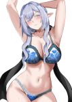  1girl absurdres anastasya_feodorovna_snezhnaya armpits bilingual_commentary blue_bra blue_eyes blue_panties bra breasts colored_eyelashes commentary_request genshin_impact highres large_breasts long_hair looking_at_viewer mixed-language_commentary navel panties pointy_ears simple_background solo stomach tian_kazuki underwear underwear_only very_long_hair white_background white_eyelashes white_hair 