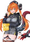  1girl 1other absurdres anger_vein angry arm_under_breasts asymmetrical_gloves bag_of_chips black_hat black_horns blush breasts chips_(food) commentary curled_horns dragon_girl dragon_horns dress eating english_commentary fingerless_gloves fire food gloves green_eyes hair_between_eyes hand_up hat highres holding holding_food horns large_breasts long_hair looking_at_another magus_(zenless_zone_zero) mechanical_horns mechanical_tail mismatched_gloves nights_viper open_mouth orange_hair orange_pupils orphie_magnusson pointy_ears potato_chips simple_background single_fingerless_glove tail thighhighs thighs twintails white_background yellow_gloves zenless_zone_zero zipper_dress 