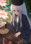  1girl absurdres alternate_costume black_hat blue_haori chinese_commentary closed_mouth clothing_request commentary_request commission flower grey_hair guzheng haori hat highres instrument japanese_clothes kamishirasawa_keine long_hair long_sleeves lotus lotus_leaf pink_flower playing_instrument print_haori red_eyes resoap sitting solo sukusuku_hakutaku touhou very_long_hair wide_sleeves 