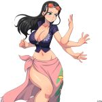  1girl absurdres black_hair blue_eyes breasts cleavage collared_jacket commentary cropped_jacket devil_fruit_power english_commentary extra_arms eyewear_on_head fighting_stance floating_hair floral_print hair_slicked_back hand_up high_collar highres jacket large_breasts long_hair looking_to_the_side midriff navel nico_robin one_piece open_mouth orange-tinted_eyewear pink_sarong sarong shiny_skin short_sleeves signature simmsy simple_background skirt solo sunglasses tinted_eyewear variant_set white_background 