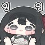  1girl :3 black_hair blunt_bangs blush_stickers chibi chibi_only closed_mouth commentary_request double-parted_bangs grey_background grey_eyes hands_up inkle_(trickcal) korean_commentary korean_text long_hair monyami outline shirt short_sleeves sidelocks simple_background smile solo translated trickcal upper_body white_outline white_shirt 
