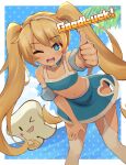  1girl blonde_hair blue_choker blue_eyes blue_skirt choker clothing_cutout commentary_request heart_cutout highres leaning_forward long_hair looking_at_viewer mefuchan one_eye_closed open_mouth rta-chan rta_in_japan skirt smile star-shaped_pupils star_(symbol) symbol-shaped_pupils teeth thumbs_up twintails very_long_hair 
