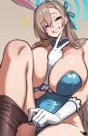  1girl absurdres animal_ear_hairband animal_ears asuna_(blue_archive) asuna_(bunny)_(blue_archive) bare_shoulders black_pantyhose blonde_hair blue_archive blue_bow blue_bowtie blue_eyes blue_halo blue_leotard bow bowtie breasts collarbone commentary detached_collar fake_animal_ears gloves grin groin hair_between_eyes hair_ribbon hairband halo highleg highleg_leotard highres huge_breasts leotard long_hair looking_at_viewer mewmaster93 mole mole_on_breast pantyhose rabbit_ear_hairband rabbit_ears ribbon smile solo thighs v very_long_hair white_gloves 