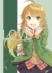  :d ahoge blonde_hair coat cover cover_page fringe_trim green_eyes hoshii_miki idolmaster idolmaster_(classic) long_hair open_mouth plaid scarf smile solo striped striped_scarf sweater t-okada 