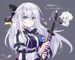  1boy 1girl blue_eyes broken broken_sword broken_weapon commentary_request crossed_bangs double-parted_bangs eiyuu_densetsu enoki_nai half_updo holding holding_sword holding_weapon katana kuro_no_kiseki_(series) kuro_no_kiseki_i long_hair rean_schwarzer shizuna_rem_misurugi simple_background smile solo_focus sword sword_tassel tassel weapon weapon_tassel white_hair 
