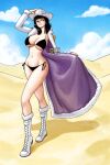  1girl bikini black_bikini black_bra black_hair blue_eyes blush boots bra breasts coat commentary cowboy_hat desert english_commentary fur_trim hat iury_padilha large_breasts long_hair nico_robin one_piece solo swimsuit thick_thighs thighs underwear watermark white_boots white_coat white_hat 