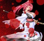  2002 abstract_background amputee arm_up bad_id baiken black_background blood breasts cleavage commentary facial_mark forehead_mark guilty_gear high_ponytail holding holding_sword holding_weapon japanese_clothes katana kimono large_breasts looking_at_viewer lowres missing_eye nin_nin! one_eye_closed pink_eyes pink_hair ponytail red_sash sash serious signature sword wan-pyo weapon white_kimono 