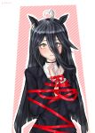  1girl absurdres ahoge animal_ears artist_name black_choker black_coat black_hair blunt_ends bound choker coat collared_shirt commentary ear_ornament ear_tag earrings expressive_hair hair_between_eyes heart heart_ahoge highres hohizora horse_ears horse_girl jewelry long_bangs long_hair long_hair_between_eyes manhattan_cafe_(umamusume) necktie parted_lips ribbon ribbon_bondage shirt single_earring solo umamusume variant_set very_long_hair white_hair white_shirt yellow_eyes yellow_necktie 