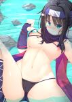  1girl absurdres ahoge alternate_costume ankle_lace-up ass_visible_through_thighs bare_shoulders bikini bikini_top_pull black_bikini black_scarf blue_gloves blush breasts breasts_apart cameltoe closed_mouth clothes_pull commentary cowboy_shot day dutch_angle embarrassed eyes_visible_through_hair fingerless_gloves forehead frown furrowed_brow gloves green_eyes groin hair_between_eyes hand_up highres hitachi_mako large_breasts looking_at_viewer micro_bikini navel ninja nipples nose_blush outdoors presenting_own_body red_scarf river rock scarf segaxtu senren_banka shiny_skin short_hair_with_long_locks sitting solo spread_legs stomach strap_pull swimsuit thighs two-sided_fabric two-sided_scarf water 