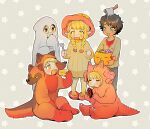  2boys 3girls aged_down animal_costume black_hair blonde_hair blue_eyes braid brother_and_sister brown_eyes candy cerberus_costume cheese closed_eyes commentary_request dark-skinned_male dark_skin dragon_costume dryad_fruit_(dungeon_meshi) dungeon_meshi eating elf fake_blood falin_touden food fork gerende15 ghost_costume green_eyes halloween halloween_costume holding holding_fork kabru laios_touden marcille_donato meat multiple_boys multiple_girls mushroom_costume onesie pointy_ears puffy_cheeks rin_(dungeon_meshi) siblings sweatdrop twin_braids yellow_eyes 