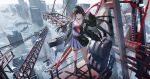  1girl absurdres arm_up ata-zhubo black_choker black_hair black_jacket black_serafuku black_shirt black_shoes black_skirt black_socks building chisa_(wuthering_waves) choker commentary crane_(machine) duplicate hair_ribbon hand_up high_up highres holding holding_sword holding_weapon id_card jacket loafers long_hair long_sleeves looking_at_viewer neckerchief red_eyes red_neckerchief red_ribbon ribbon sailor_collar school_uniform serafuku shirt shoes skirt skyscraper socks solo standing sword sword_on_back thigh_strap weapon weapon_on_back white_sailor_collar wuthering_waves 