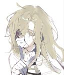  1boy alien_stage alternate_hair_length_(longer) blonde_hair colored_extremities colored_eyelashes commentary english_commentary fancylxncy finger_to_own_chin highres long_hair luka_(alien_stage) male_focus portrait smile solo white_background yellow_eyes zombie_stage 