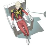  1boy belt bishounen blonde_hair blue_eyes char_aznable closed_mouth commentary_request epaulettes gloves gundam gundam_gquuuuuux highres lips looking_at_viewer male_focus military_rank_insignia military_uniform mrtoen science_fiction short_hair sitting solo white_gloves zeon 