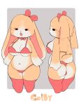  1girl absurdres animal_ears ass belly bikini border breasts commentary curvy deformed dual_persona floppy_ears furry furry_female grey_background highres large_breasts lop_rabbit_ears orange_fur original plump rabbit rabbit_ears rabbit_girl rabbit_tail red_bikini seuppi swimsuit tail thighhighs thong thong_bikini white_border wide_hips 