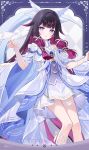  1girl 6u_(eternal_land) bird black_hair blunt_bangs bright_pupils character_name closed_mouth colored_inner_hair columbina_(genshin_impact) commentary_request copyright_name dress english_text genshin_impact hands_up highres long_hair looking_at_viewer multicolored_hair purple_eyes purple_hair short_sleeves smile solo symbol_in_eye two-tone_hair unusually_open_eyes very_long_hair white_bird white_dress white_wings wings 