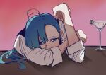  1girl ado_(utaite) ahoge blue_eyes blue_hair cocktail_glass commentary cup drinking_glass english_commentary long_hair merry_(ado) readymade_(ado) reji_4242 shirt solo three-quarter_sleeves white_shirt 