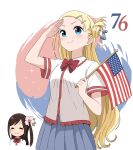  2girls akaki_aoyama american_flag blonde_hair blue_eyes closed_eyes collared_shirt commentary flag flower grey_skirt hair_bun hair_flower hair_ornament hairclip highres hitori_bocchi hitoribocchi_no_marumaru_seikatsu holding holding_flag long_hair looking_at_viewer multiple_girls one_side_up pleated_skirt salute school_uniform shirt short_sleeves single_hair_bun skirt smile sotoka_rakita white_shirt 