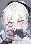  2boys bar_censor belt_collar black_bow black_collar black_gloves blush bow censored collar commentary_request cum cum_on_body cum_on_hair cum_on_male dokomilk double-parted_bangs facial gloves grabbing_another's_tongue grey_eyes grey_shirt hair_between_eyes hair_bow large_penis long_hair long_sleeves male_focus multiple_boys original penis ponytail shirt sidelocks tongue tongue_out trap upper_body yaoi 