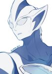  1boy alien artist_name blue_skin blueflame_blue collarbone color_timer colored_skin commentary compound_eyes dorsal_fin giant giant_male glowing glowing_eyes highres looking_to_the_side male_focus multicolored_skin no_pupils open_mouth pointy_ears portrait signature silver_skin simple_background solo spine tokusatsu toned toned_male two-tone_skin ultra_series ultraman_teo ultraman_teo_(series) white_background white_eyes 