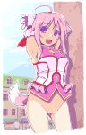  1girl ahoge animal_ears armpits arms_behind_head arms_up blue_sky blush bodice bottomless breasts building cleft_of_venus cloud cropped_legs day dog_days dog_ears dog_girl dog_tail elbow_gloves embarrassed exhibitionism faceless furrowed_brow gloves himizuki_kazusa looking_at_viewer market_stall medium_breasts millhiore_f._biscotti nose_blush oekaki open_mouth outdoors people petite pink_hair public_indecency purple_eyes purple_gloves purple_shirt pussy shirt sideways_glance sky sleeveless sleeveless_shirt solo_focus standing sweatdrop tail teeth uncensored upper_teeth_only window 