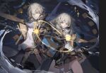  1boy 1girl artist_name badge belt bilibili_username black_gloves black_jacket black_pants black_skirt breasts brown_belt caelus_(honkai:_star_rail) chain closed_mouth commentary_request cowboy_shot dual_persona fingerless_gloves fingernails floating_clothes gloves gold_chain grey_belt grey_hair hair_between_eyes hand_up highres honkai:_star_rail honkai_(series) hood hooded_jacket jacket lapels long_hair long_sleeves looking_at_viewer medium_breasts miniskirt mk364 multiple_belts open_clothes open_jacket pants pocket_watch red_belt shirt short_hair sidelocks skirt standing stelle_(honkai:_star_rail) t-shirt thigh_strap trailblazer_(honkai:_star_rail) two-sided_fabric two-sided_jacket two-sided_skirt v-shaped_eyebrows watch white_shirt yellow_eyes yellow_jacket yellow_skirt 