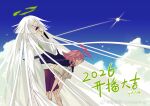  0yongyong0tata 2girls arrow_(symbol) bai_zhong_(false_memory) blue_sky braid chinese_commentary chinese_text cloud commentary_request crosshair crosshair_halo false_memory fang_tang_(false_memory) halo highres jacket jacket_on_shoulders jewelry long_hair long_skirt multiple_girls necklace pink_hair pleated_skirt recycling_symbol release_celebration shirt short_sleeves skirt sky sunglasses translated watermark weibo_username weibo_watermark white_hair white_shirt 