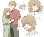  1boy 1girl :d ^_^ aged_down beard_stubble blush brother_and_sister brown_hair bug butterfly closed_eyes commentary_request dress dungeon_meshi expressionless facial_hair falin_touden gerende15 green_dress highres laios_touden long_hair looking_at_viewer medium_hair messy_hair mustache_stubble red_shirt shirt shirt_tug short_hair siblings smile stubble white_background white_shirt yellow_eyes 