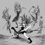  5girls arm_up bare_shoulders boots closed_mouth commentary_request dress fantasy fighting_stance fingerless_gloves fire_emblem fire_emblem:_the_sacred_stones full_body gloves grey_background highres holding holding_sword holding_weapon jun_(navigavi) korean_commentary long_hair looking_at_another looking_at_viewer marisa_(fire_emblem) monochrome motion_blur multiple_girls simple_background solo_focus standing sword weapon 