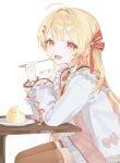  1girl ahoge animal-themed_food asymmetrical_hair blonde_hair blush brown_sailor_collar brown_thighhighs commentary dress eating feet_out_of_frame flat_chest food frilled_dress frilled_jacket frilled_sleeves frills from_side hair_intakes hair_ornament hair_ribbon holding holding_spoon hololive hololive_dev_is ichi_l0 jacket long_hair long_sleeves looking_at_viewer musical_note musical_note_hair_ornament one_side_up open_clothes open_jacket open_mouth otonose_kanade otonose_kanade_(1st_costume) pink_dress plate pudding red_eyes red_ribbon ribbon sailor_collar short_dress sidelocks simple_background sitting smile solo spoon table thigh_strap thighhighs virtual_youtuber white_background white_jacket zettai_ryouiki 