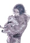  1boy animal aotsuki_eito baby_animal black_gloves closed_mouth commentary cowboy_shot drawstring expressionless film_grain glasses gloves goat grey_hair highres holding holding_animal hood hood_down hooded_jacket jacket long_sleeves male_focus pale_skin sanlaoshijichuibot short_hair simple_background solo the_hundred_line_-last_defense_academy- white_background white_jacket 