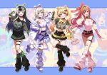  4girls animal_ear_headphones animal_ears belt black_belt black_choker black_hair black_leg_warmers black_shirt black_skirt blonde_hair breasts cat_ear_headphones cat_ears choker cleavage commentary_request denim denim_skirt fake_animal_ears fingerless_gloves gloves gradient_hair green_skirt grey_hair headphones highres hololive hololive_dev_is ichijou_ririka jacket juufuutei_raden large_breasts leg_warmers long_hair looking_at_viewer miniskirt multicolored_hair multiple_girls one_eye_closed open_mouth orange_hair otonose_kanade oversized_clothes oversized_shirt pink_hair pink_leg_warmers pink_shirt pleated_skirt purple_eyes purple_skirt red_skirt shirt single_bare_shoulder single_off_shoulder skirt smile standing standing_on_one_leg strapless strapless_shirt striped_clothes striped_gloves todoroki_hajime twintails v virtual_youtuber white_jacket white_leg_warmers yoshidadon 