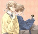 2boys black-framed_eyewear blue_necktie blue_sweater brown_eyes brown_hair can canned_coffee closed_eyes commentary_request daiya_no_ace dress_shirt drink_can drink_carton drinking_straw drinking_straw_in_mouth glasses holding holding_can holding_drink_carton holding_milk_carton leaning_on_person male_focus milk_carton miyuki_kazuya multiple_boys necktie rectangular_eyewear sawamura_eijun shirt sitting strawberry_milk suma_(jen-ga) sweater tongue tongue_out white_shirt yellow_sweater 