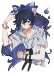  1girl absurdres blue_bow blue_eyes blue_hair blush bow bracelet closed_mouth collarbone commentary gold_bracelet grey_hoodie highres holding holding_stuffed_toy hood hoodie jewelry long_hair looking_at_viewer rddumpling short_sleeves solo stuffed_animal stuffed_toy touhou upper_body white_background yorigami_shion 