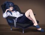  1girl blue_choker blue_eyes blue_hair blue_skirt breasts choker closed_mouth commission eyebrows_hidden_by_hair from_side full_body hair_between_eyes hand_on_own_chin high-waist_skirt highres hizzacked knee_up lipstick long_hair looking_at_viewer makeup medium_breasts original recliner round_eyewear shadow shirt sitting skirt slippers solo white_shirt 