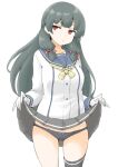  1girl akara_kai asymmetrical_legwear black_hair black_panties blush bow bow_panties breasts clothes_lift commentary_request cowboy_shot gloves hair_ornament hair_ribbon highres isokaze_(kancolle) kantai_collection kneehighs lifting_own_clothes long_hair long_sleeves looking_at_viewer neckerchief panties pleated_skirt red_eyes ribbon school_uniform serafuku single_kneehigh single_sock single_thighhigh skirt skirt_lift socks solo thighhighs tress_ribbon underwear uneven_legwear white_background white_gloves 
