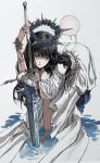  1girl absurdres annoyed aqua_eyes bent_over black_hair breast_cutouts dress duplicate gold_can greatsword highres holding holding_sword holding_weapon jewelry leaning_on_weapon long_hair looking_to_the_side simple_background solo standing standing_on_liquid sword water weapon white_dress 
