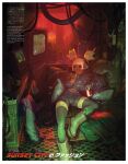  1951 1980s_(style) 1990s_(style) 1girl absurdres artist_collaboration bed black_jacket blonde_hair boots border breasts cable can chain chain_necklace cleavage controller couch crt cyberpunk dark-skinned_female dark_skin drink_can english_text fake_ad fake_magazine_scan faux_traditional_media furigana game_console game_controller green_boots green_thighhighs highres holding holding_can idioluck indoors jacket jewelry joints mixed-language_text navel necklace original partially_unzipped playstation_1 playstation_controller retro_artstyle robot_joints science_fiction short_hair shorts soda_can solo television thighhighs twintails warm_colors white_border 