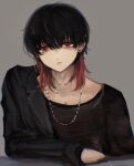  1boy :< black_jacket collarbone_piercing commentary_request ear_piercing earrings esse_series grey_background highres hitani_(esse_series) jacket jewelry lapels looking_at_viewer male_focus multicolored_hair neck_piercing necklace piercing red_eyes single_off_shoulder solo totsuzen_e two-tone_hair upper_body 