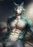 abs anthro beastars biped boxer_briefs bulge canid canine canis cheek_tuft clothing digital_media_(artwork) digital_painting_(artwork) facial_tuft fangs fur hi_res legoshi_(beastars) looking_at_viewer male male_anthro mammal muscular muscular_anthro muscular_male painting_(artwork) pecs pointy_ears prick_ears sadnicole solo surprised teeth tuft underwear wolf