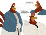 4_fingers anthro avian beak bird brown_body brown_feathers chicken clothed clothed_anthro clothed_male clothing feathers fingers foghorn_leghorn galliform hi_res looney_tunes male momi4549 multiple_scenes overweight overweight_anthro overweight_male phasianid simple_background spanish_text text translated warner_brothers white_background yellow_beak