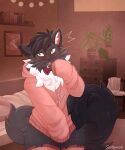 anthro bedroom big_tail bottomless bow_tie cheek_tuft clothed clothing domestic_cat facial_tuft felid feline felis femboy fluffy fluffy_tail fur green_eyes hi_res hoodie legwear male mammal neck_tuft open_mouth oversized_clothing oversized_hoodie oversized_sweater oversized_topwear pattern_clothing pattern_legwear pink_clothing smile solo spottymichi stockings striped_clothing striped_legwear stripes sweater sweater_only tail topwear topwear_only tuft tuxedo_cat whiskers