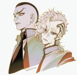  2boys amandasu black_eyes black_hair blonde_hair bousouzoku braid coat delinquent ear_piercing head_tattoo highres looking_at_viewer madarame_shion male_focus medium_hair mochizuki_kanji multiple_boys piercing red_coat scar scar_on_chin scar_on_face simple_background single_braid tokyo_revengers upper_body white_background yellow_eyes 